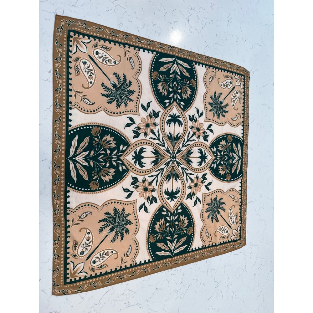 Anthropologie Square Scarf Green Tan Palm Tree Paisley Floral Botanical Print